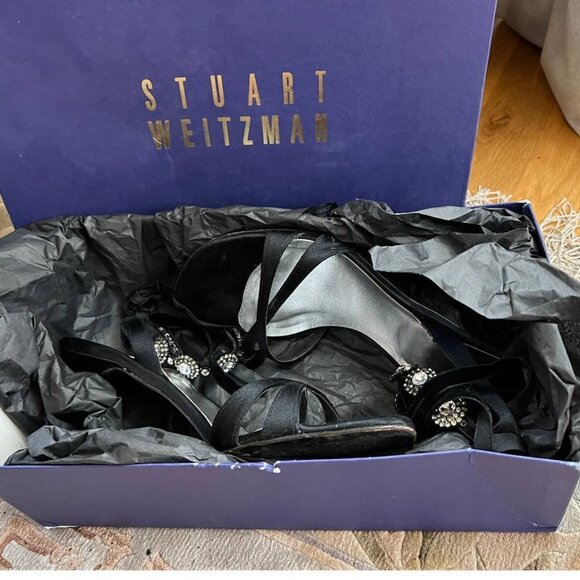 Stuart Weitzman 8 Suede CRYSTAL Sandals Ankle Tie Strappy Stiletto Heels Black - Picture 8 of 9